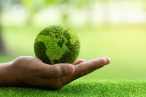Hand holding a sphere made of grass that looks like the earth