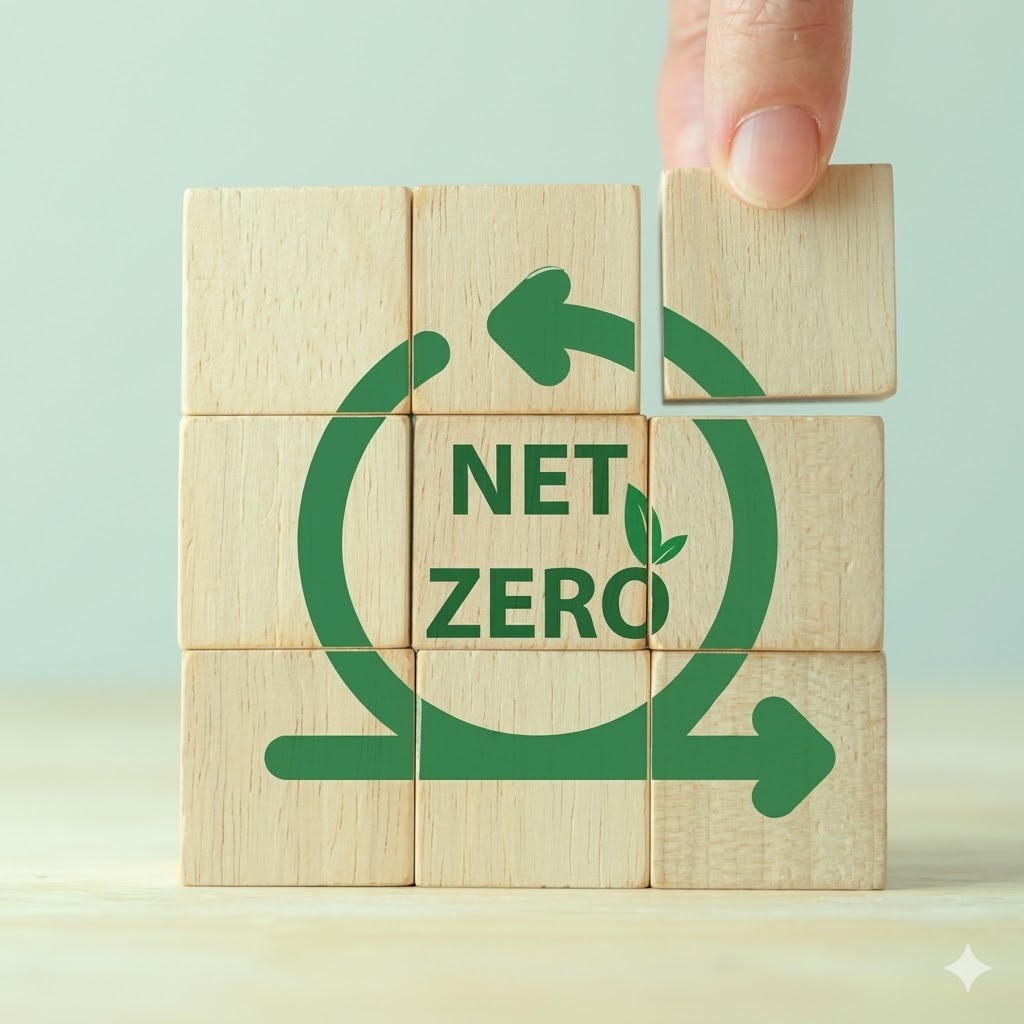 Wooden blocks showing a net zero logo