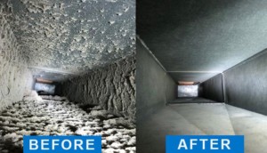 A comparison of a duct before and after duct cleaning
