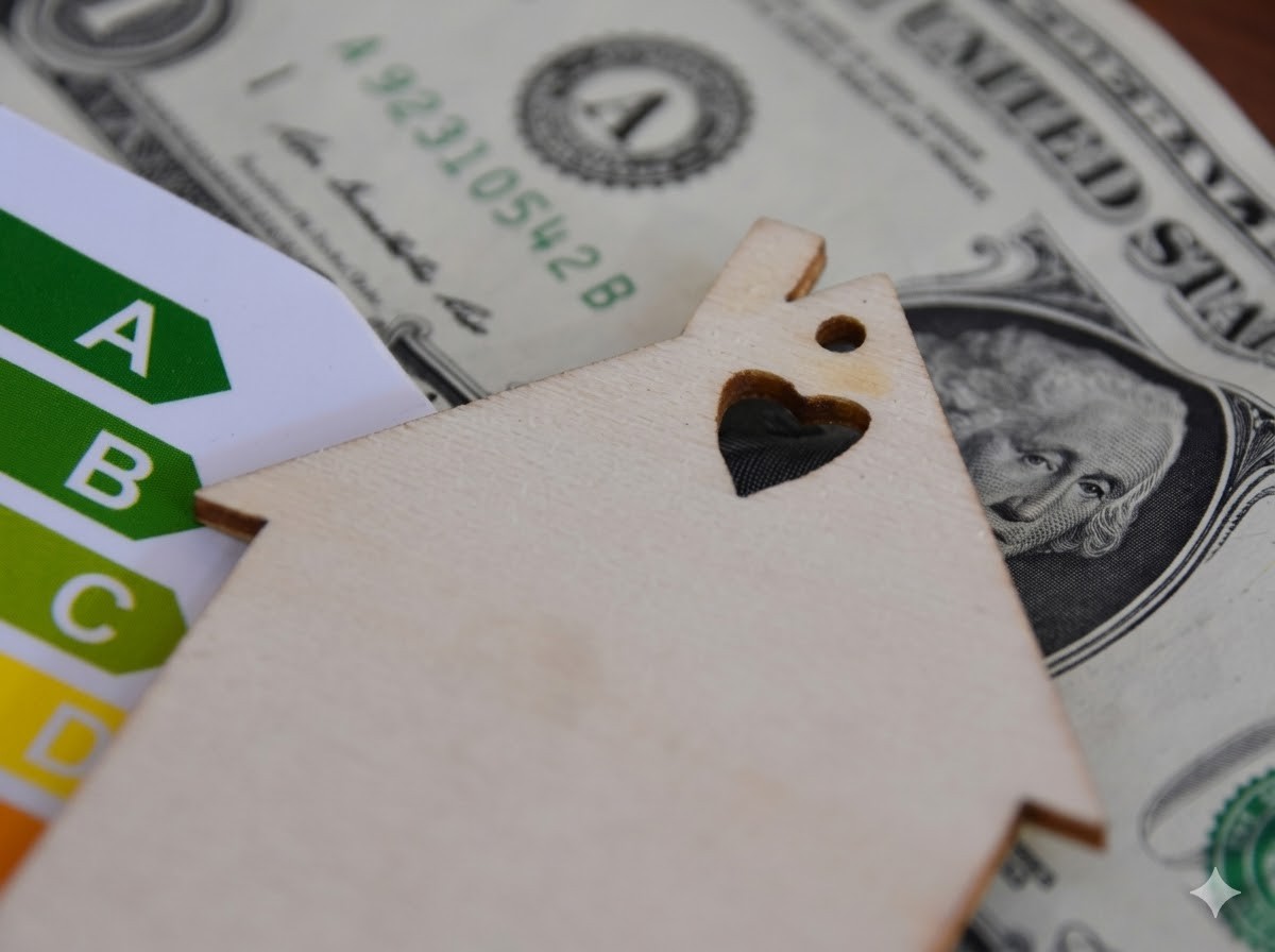 Wooden cutout of a house on top of a dollar bill