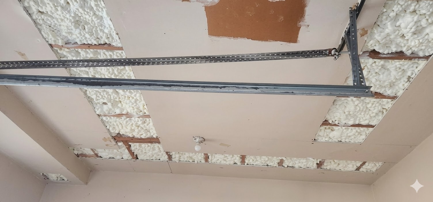 Garage ceiling with exposed insulation
