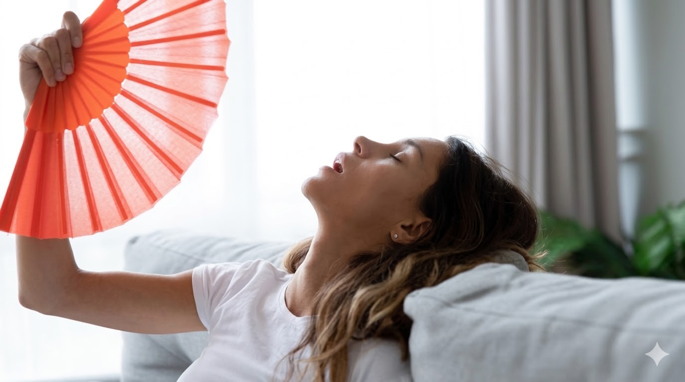 Woman fanning herself on a couch