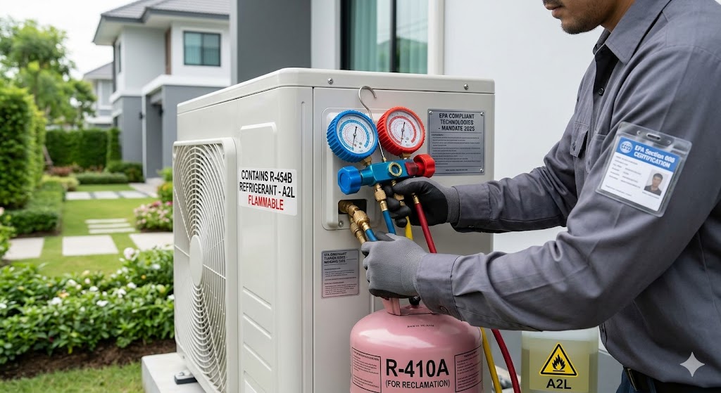 Technician servicing a new air conditioning unit while holding an old refrigerant tank