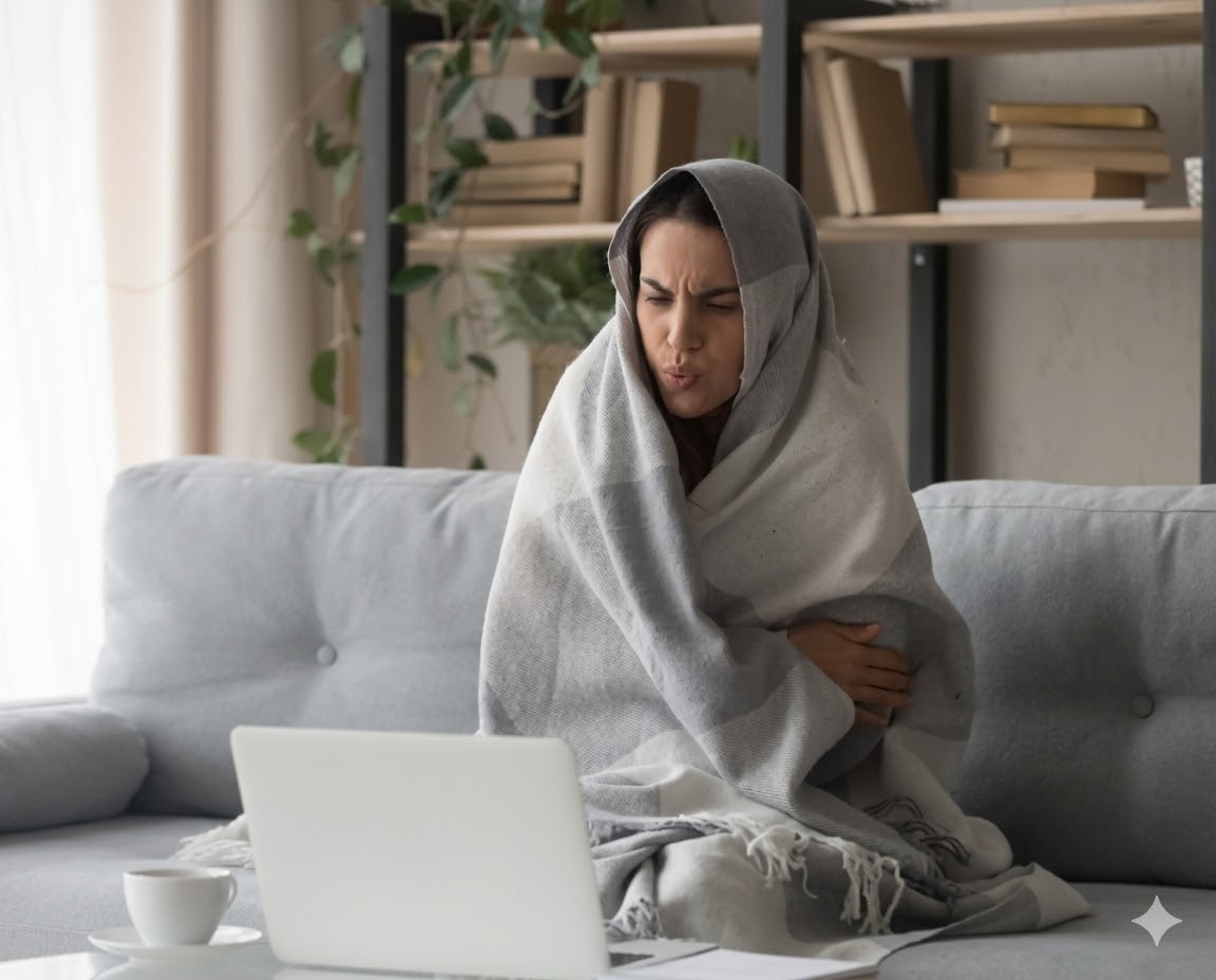 Woman bundled up completely in a blanket