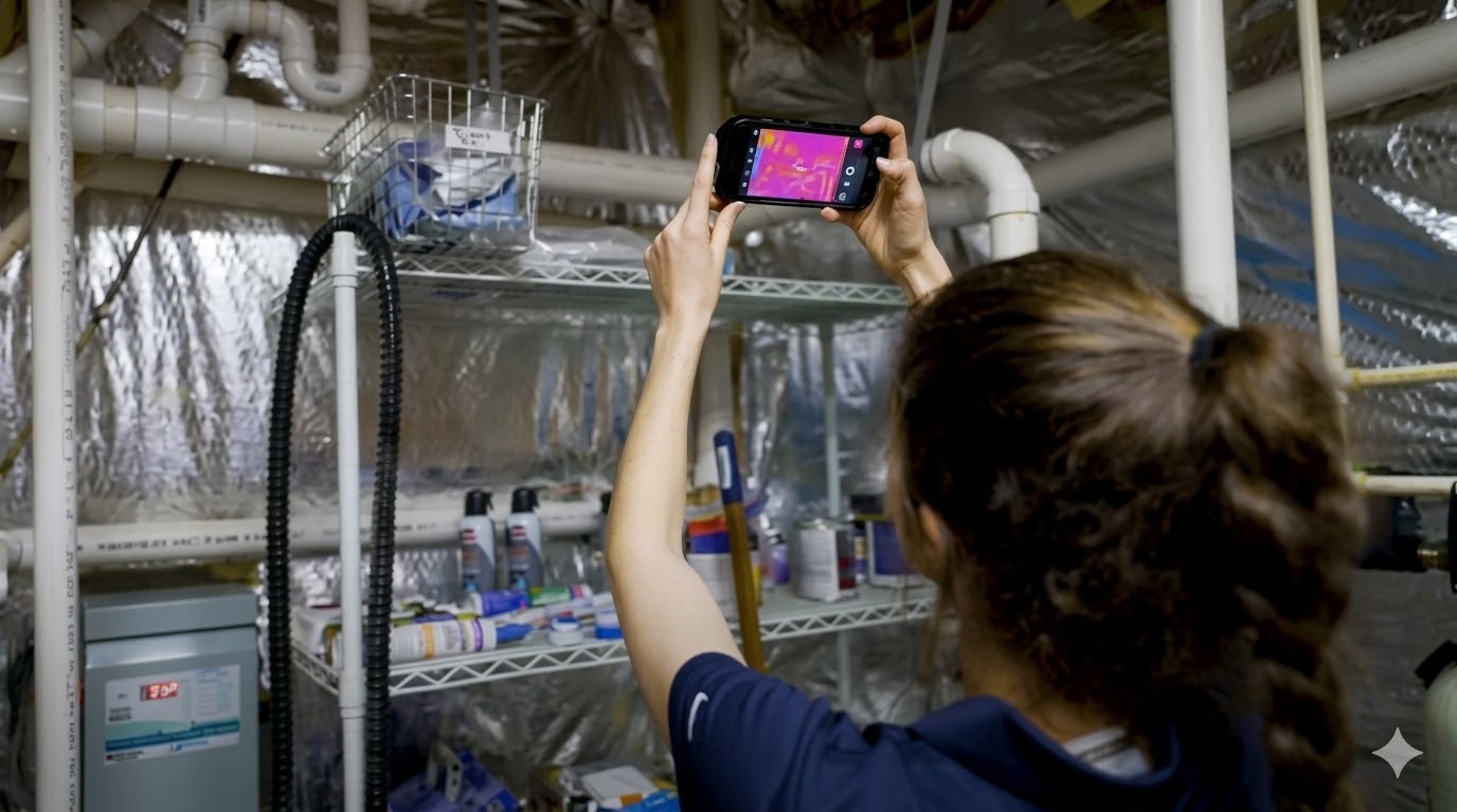 Woman using a device to perform thermal imaging in a room