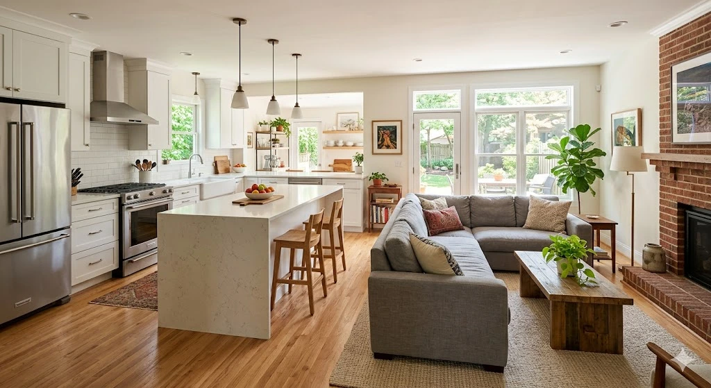 A brightly lit interior of a home including a kitchen and living room