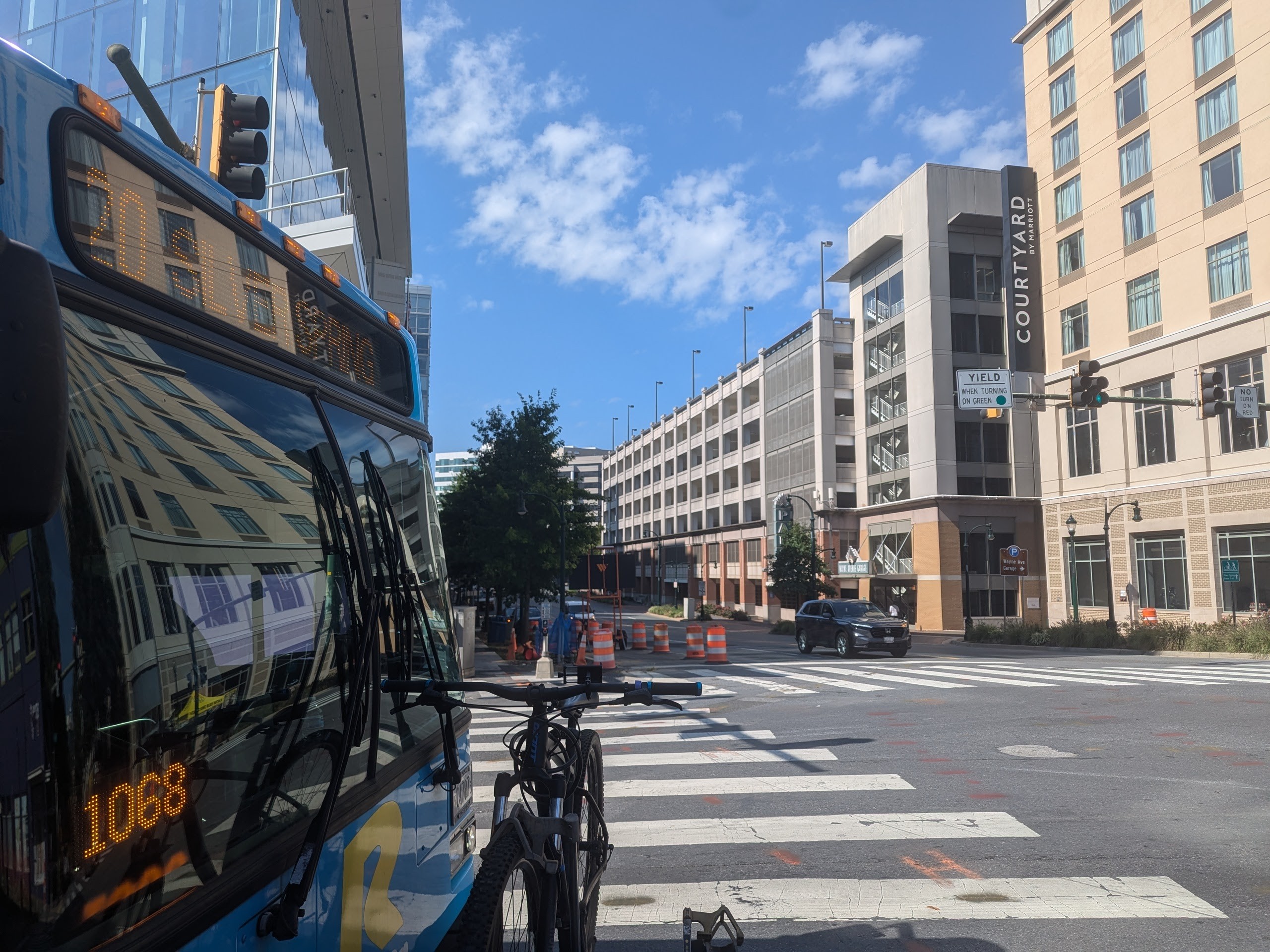 Street intersection and city building in Silver Spring, Maryland