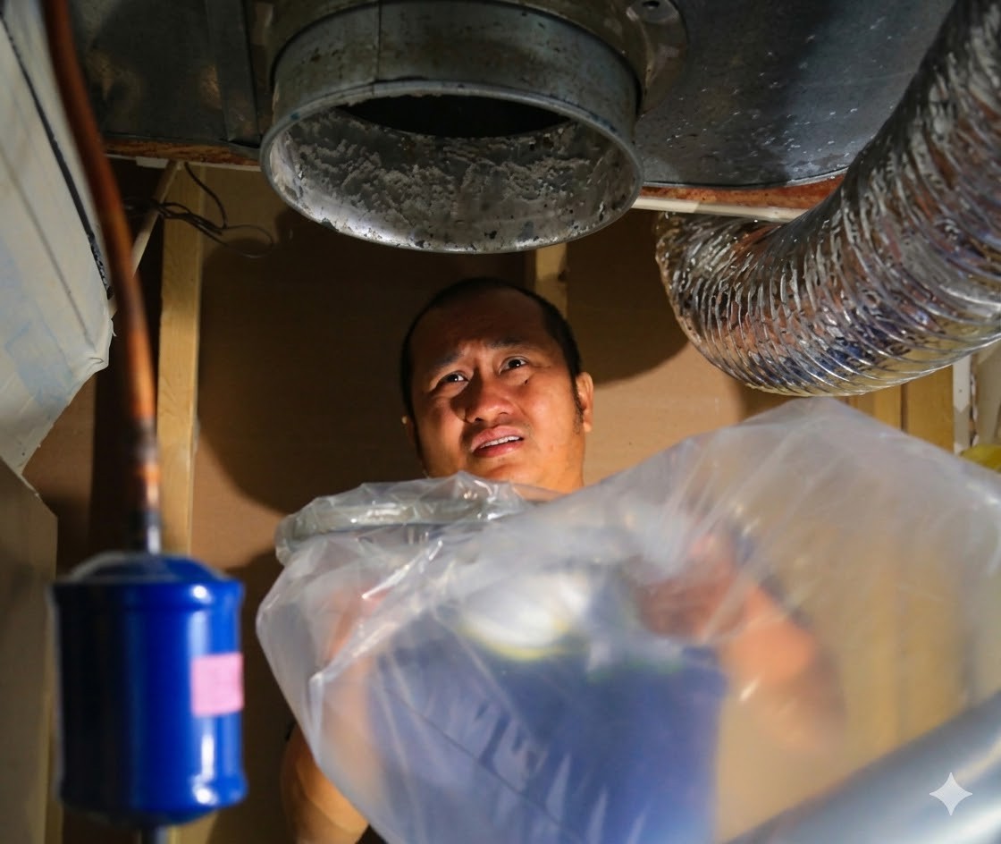 Man looking into air ducts
