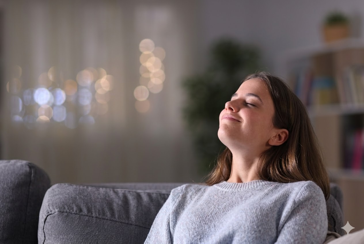 A woman sitting on a couch in a living room looking pleased