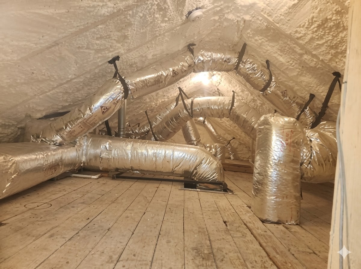 An attic with many ducts and spray foam insualtion in the walls
