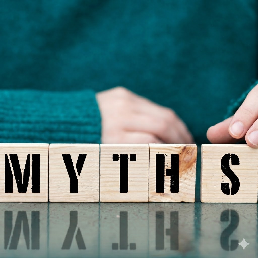 Wood blocks spelling out the word 'myths'